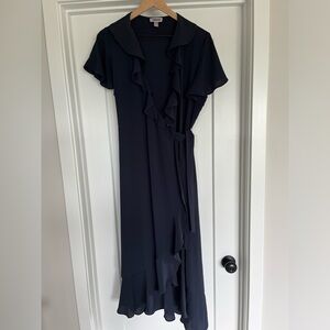 Chelsea28 Navy Blue Ruffled Wrap Dress Asymmetrical